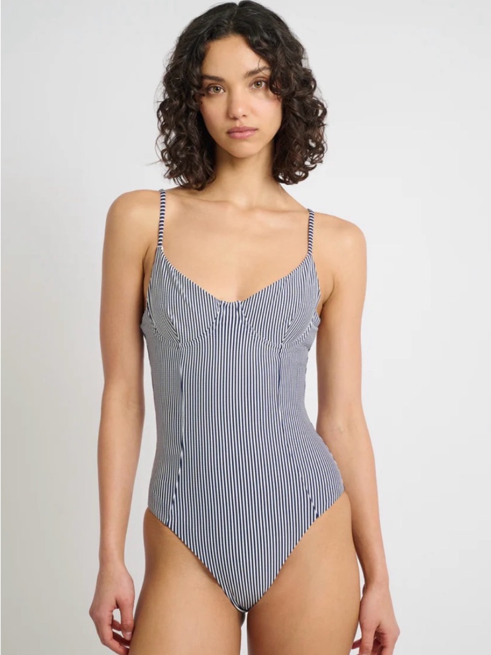 Onia Chelsea Navy and White Pinstripe Underwire One-Piece Swimsuit